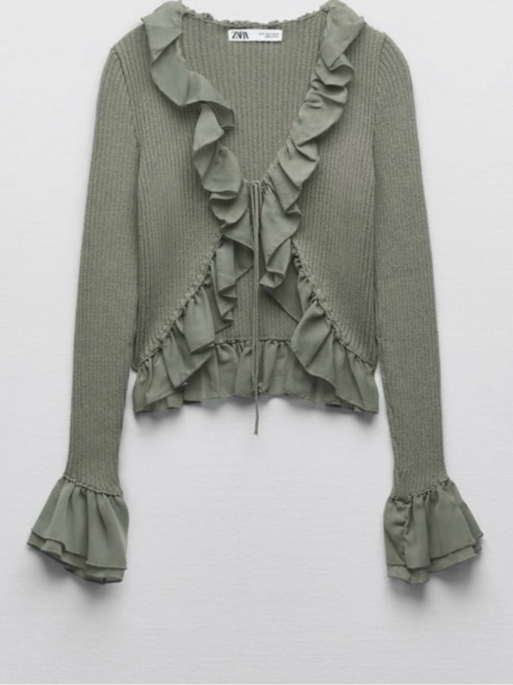 Zara Sage Ruffle-Trim Knit Cardigan